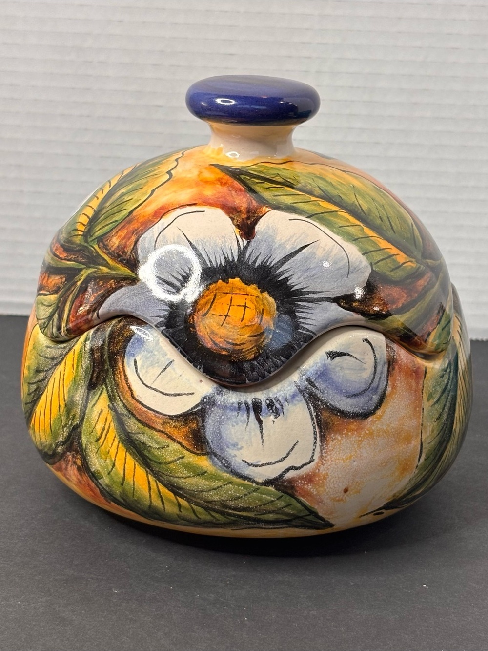 Mayolica Pottery Lidded Jar with Floral Design Signed Contreras Hand Painted 6”